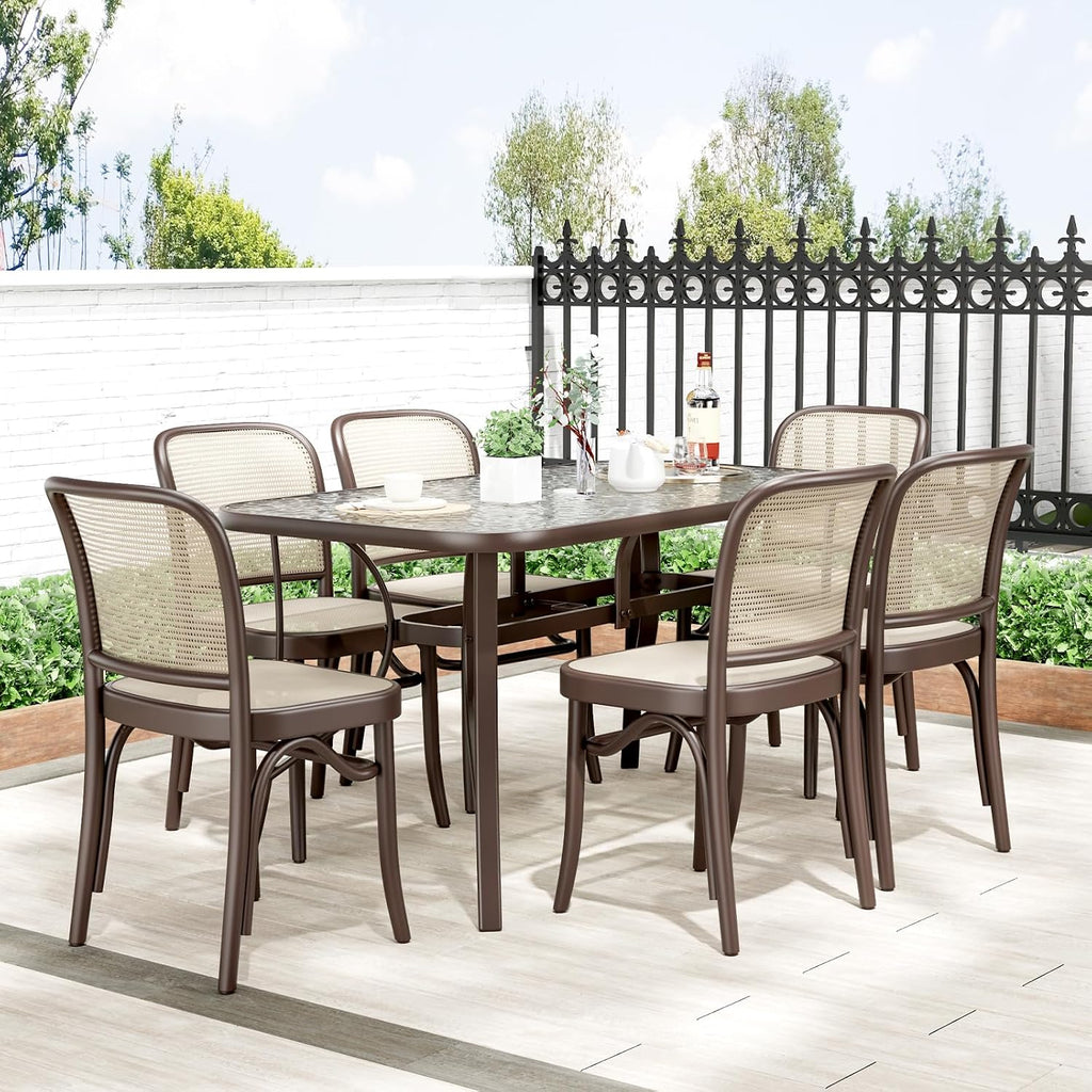 TLSUNNY Patio Outdoor Table W/ 1.69″ Umbrella Hole, 30'X 55' Rectangular Tempered Glass Patio Dining Table for 6, Outdoor Metal Furniture, All-Weather Use, for Patio, Graden, Backyard (Brown)