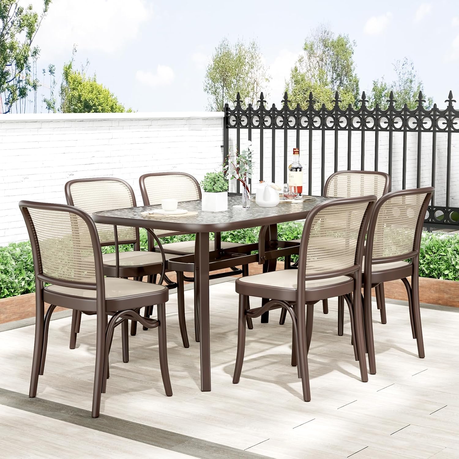 TLSUNNY Patio Outdoor Table W/ 1.69″ Umbrella Hole, 30'X 55' Rectangular Tempered Glass Patio Dining Table for 6, Outdoor Metal Furniture, All-Weather Use, for Patio, Graden, Backyard (Brown)