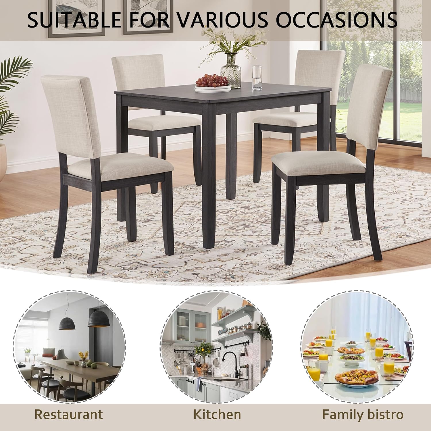 KEIKI 5-Piece Standard Height Dining Table Set with Square Table, 4 Upholstered Curved Backrest Chair, for 4 Person, Modern Style Table Set, Easy Assembly, for Kitchen, Dining Room, Black+Beige