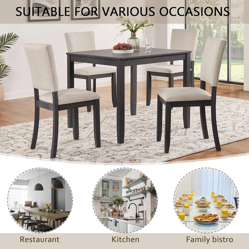 LUMISOL 5 Piece Dining Table Set for 4, Wood Kitchen Table Set with 4 Upholstered Chairs for Living Room, Kitchen, Dining Room, Antique Black+Beige