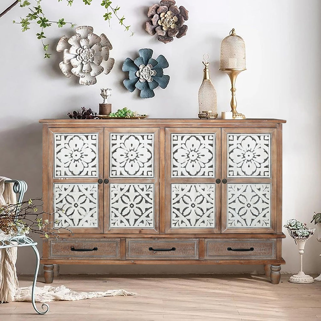 LKTART 59' Vintage Sideboard Buffet Cabinet with Storage,French Country Sideboard with Carved Doors,Farmhouse Credenza Accent Cabinet, Natural Wood