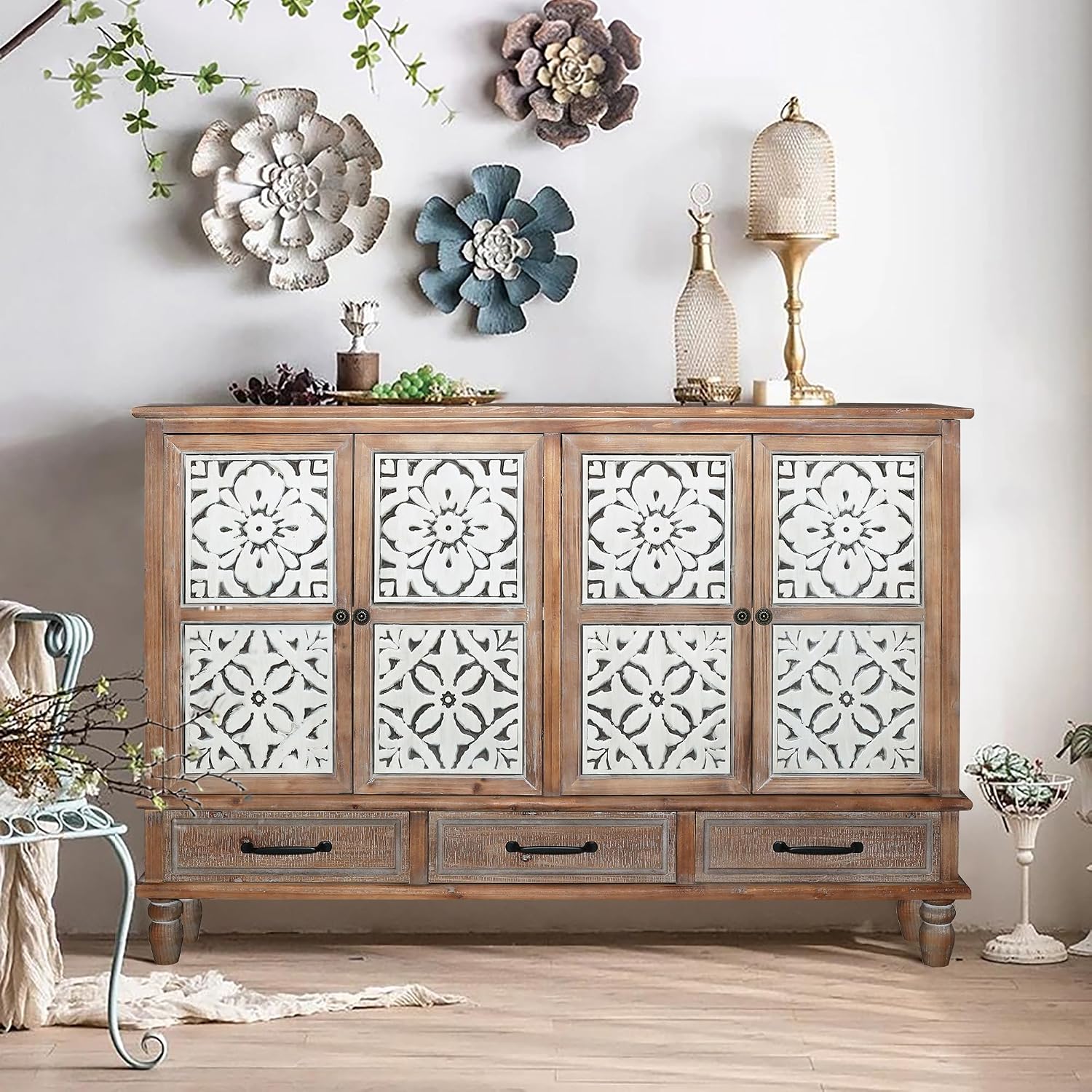 LKTART 59' Vintage Sideboard Buffet Cabinet with Storage,French Country Sideboard with Carved Doors,Farmhouse Credenza Accent Cabinet, Natural Wood
