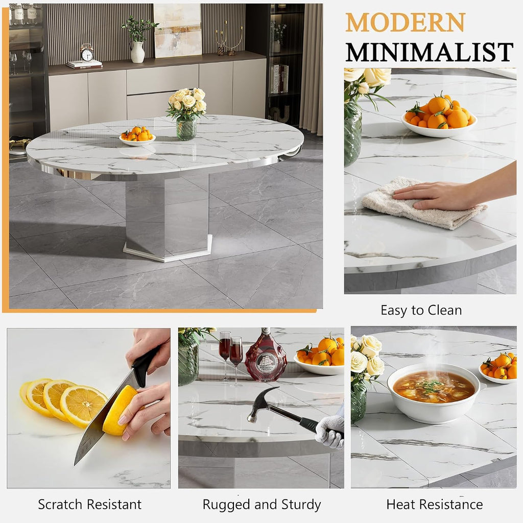 47'-63' Round Extendable Dining Table for 4-6, Modern Expandable Kitchen Table with White Faux Marble Top & Silver Mirrored Hexagon Base, Luxury Faux Marble Dining Room Table for Family Gathering