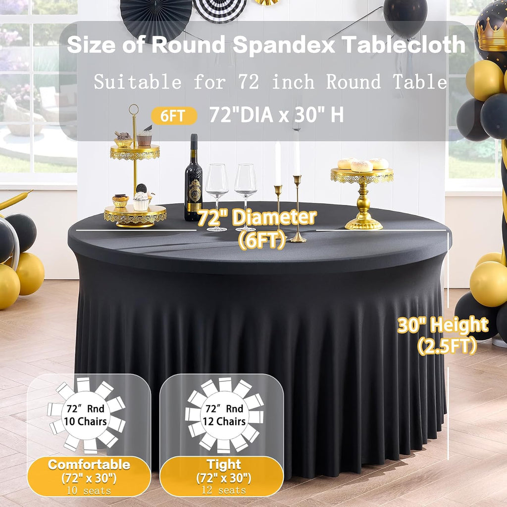 8 Pack Spandex Black Round Tablecloths for 72inch Table, Wrinkle Free 132inch Stretchy Fitted 6ft Round Table Cloth Covers with Skirt for Wedding Birthday Graduation Parties Banquet Events