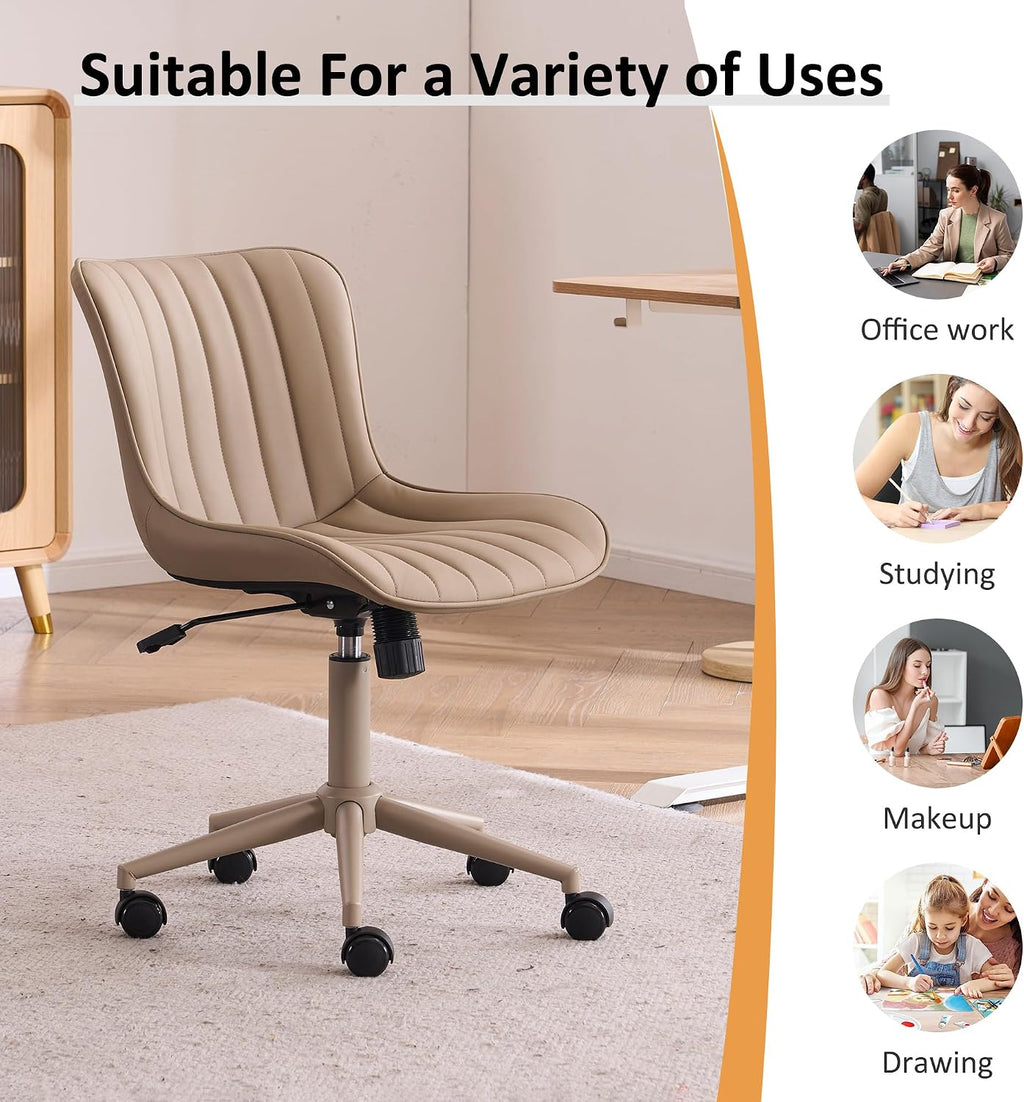 YOUNIKE Home Office Desk Chair with Wheels Armless Vanity Chair with Back Comfy Modern Leather Upholstered Rolling Task Chair Swivel Small Cute Sewing Chair No Arms Wide Adjustable Ergonomic All Khaki