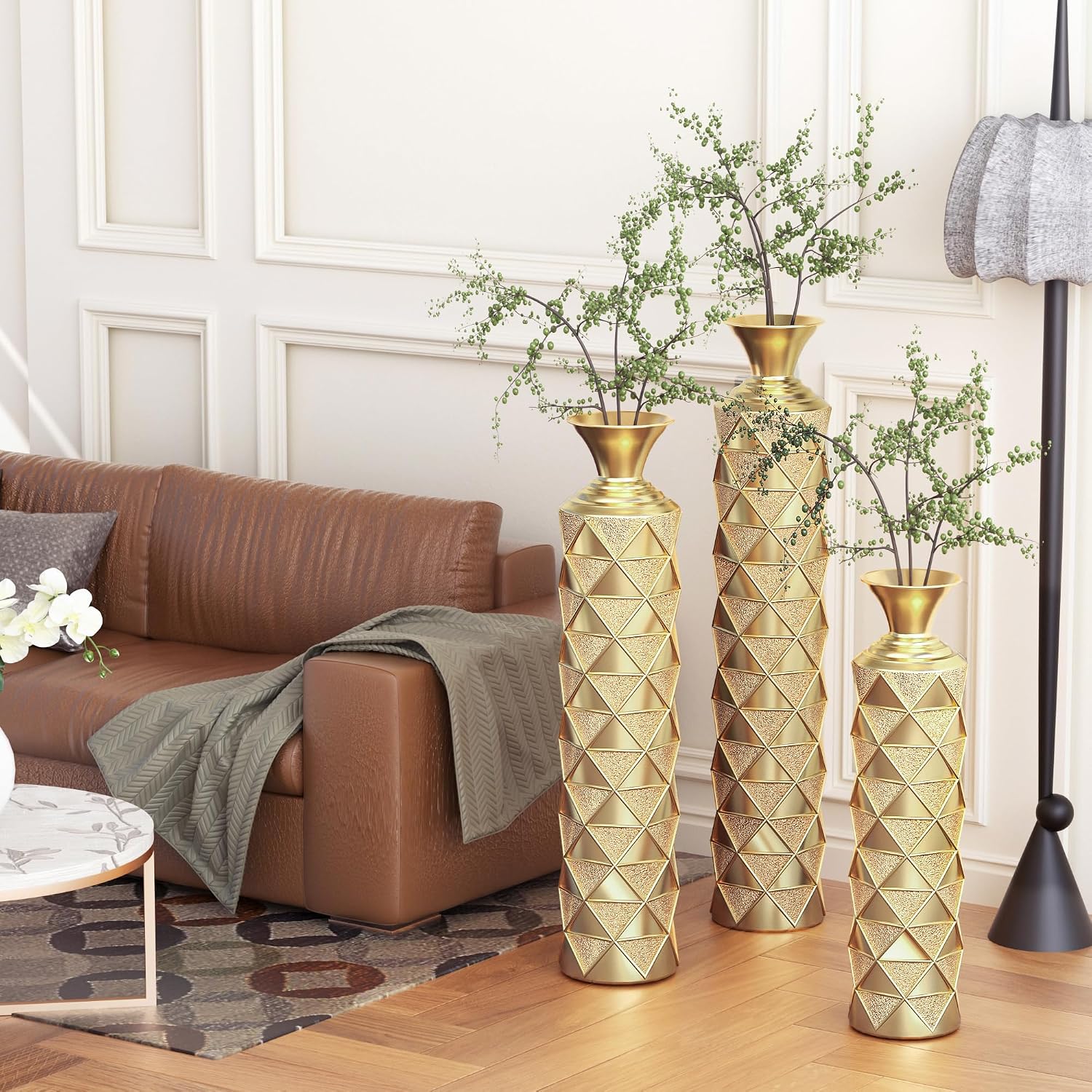 Floor Metal Decorated Vases Set of 3 for Gorgeous Home Decoration Large Glazed Metal Vases (Antique Gold)
