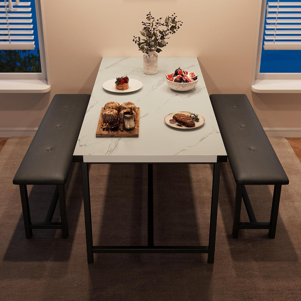 GarveeHome Dining Table Set for 4, Kitchen Table with 2 Upholstered Benches, Wood Kitchen Dining Room Set, for Small Space, Apartment, Home, Dinner, Marble White