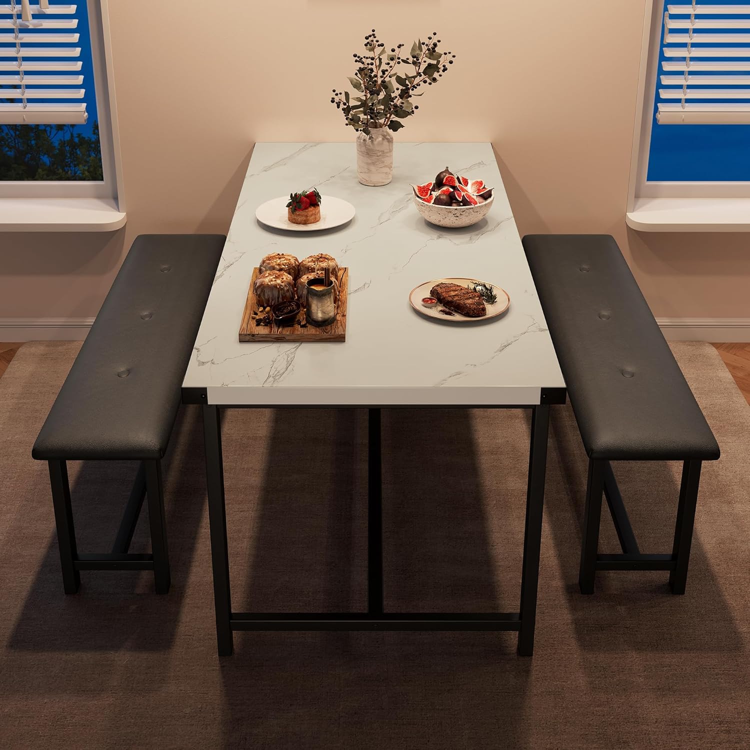 GarveeHome Dining Table Set for 4, Kitchen Table with 2 Upholstered Benches, Wood Kitchen Dining Room Set, for Small Space, Apartment, Home, Dinner, Marble White