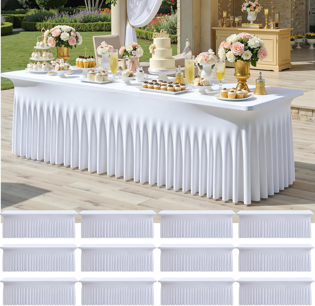 CO-AVE 12pack White Spandex Tablecloths 6ft for Rectangle Tables, Wrinkle Free Classy Table Skirt Stretchy 6 Foot Fitted Table Cloths Covers for Weddings Birthday Party Events Banquette Baby Shower