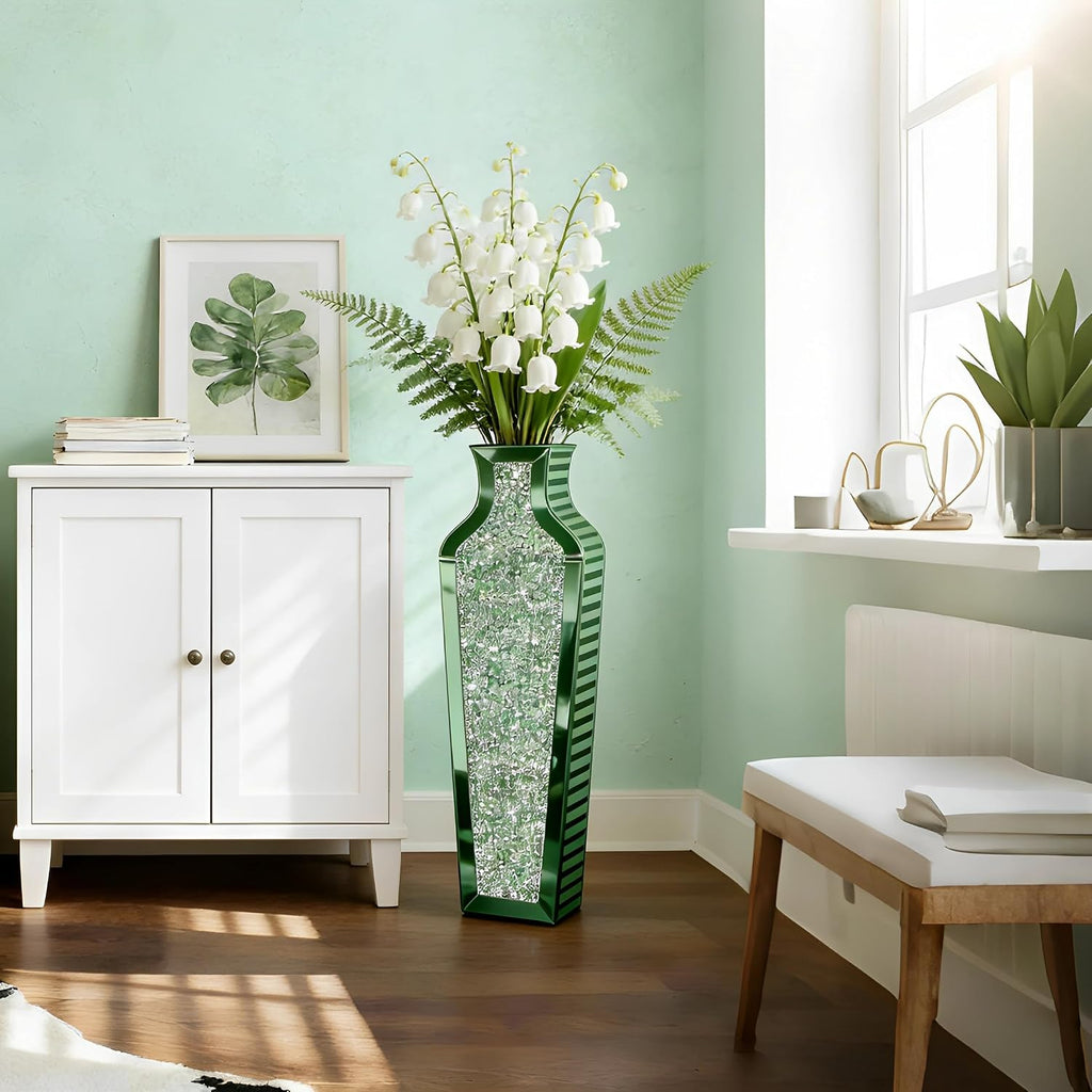 SHYFOY Green Crushed Diamond Floor Vase, Large Mirrored Tall Vases for Floor, Modern Glass Decorative Vases for Living Room Bedroom Home Corner Indoor Office, 26.8' Tall
