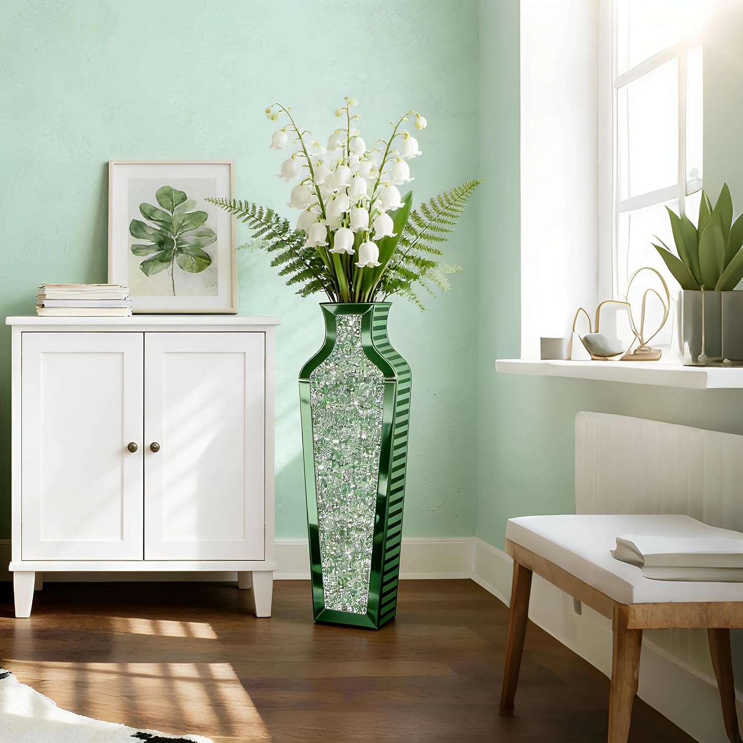 SHYFOY Green Crushed Diamond Floor Vase, Large Mirrored Tall Vases for Floor, Modern Glass Decorative Vases for Living Room Bedroom Home Corner Indoor Office, 26.8' Tall