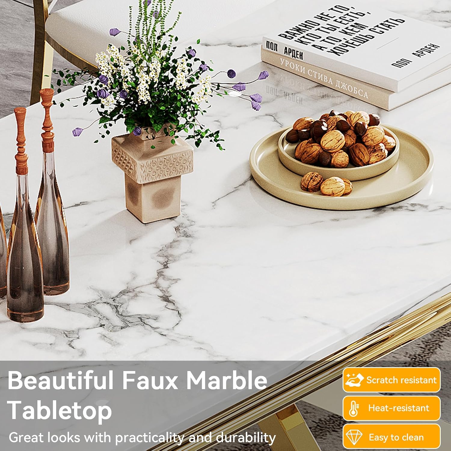 68' White Marble Dining Table for 6-8, Mid Century Modern Dining Table with Faux Marble Top & Gold O Shape Stainless Steel Base, Large Luxury Rectangular Dinner Table for Kitchen Dining Room