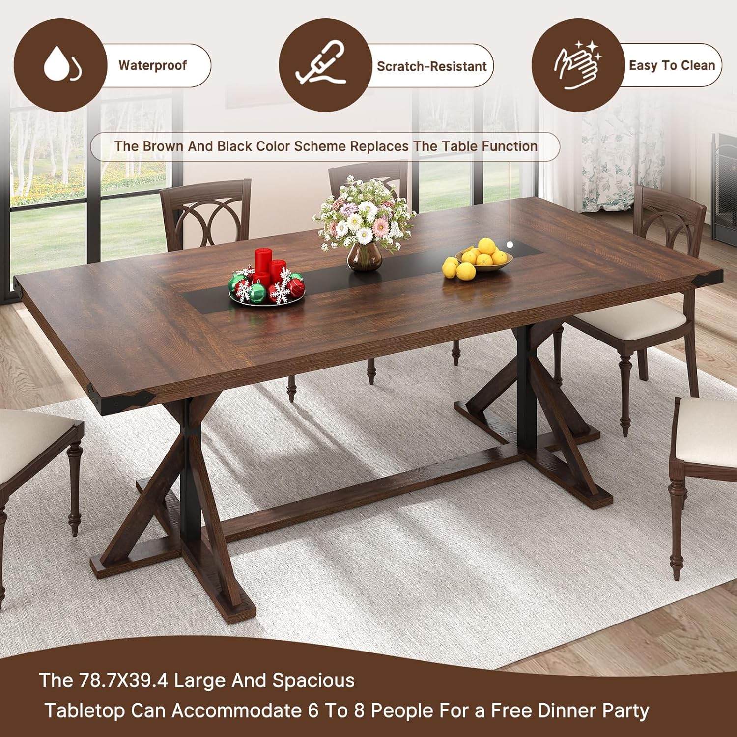 Hlivelood 78 Inch Dining Table for 8 People, Rectangular Kitchen Farmhouse Table W/Thickness Waterproof Wood Tabletop,Long Dining Room Tables W/Wood Strip Base for Kitchen Living Room(78IN Brown)