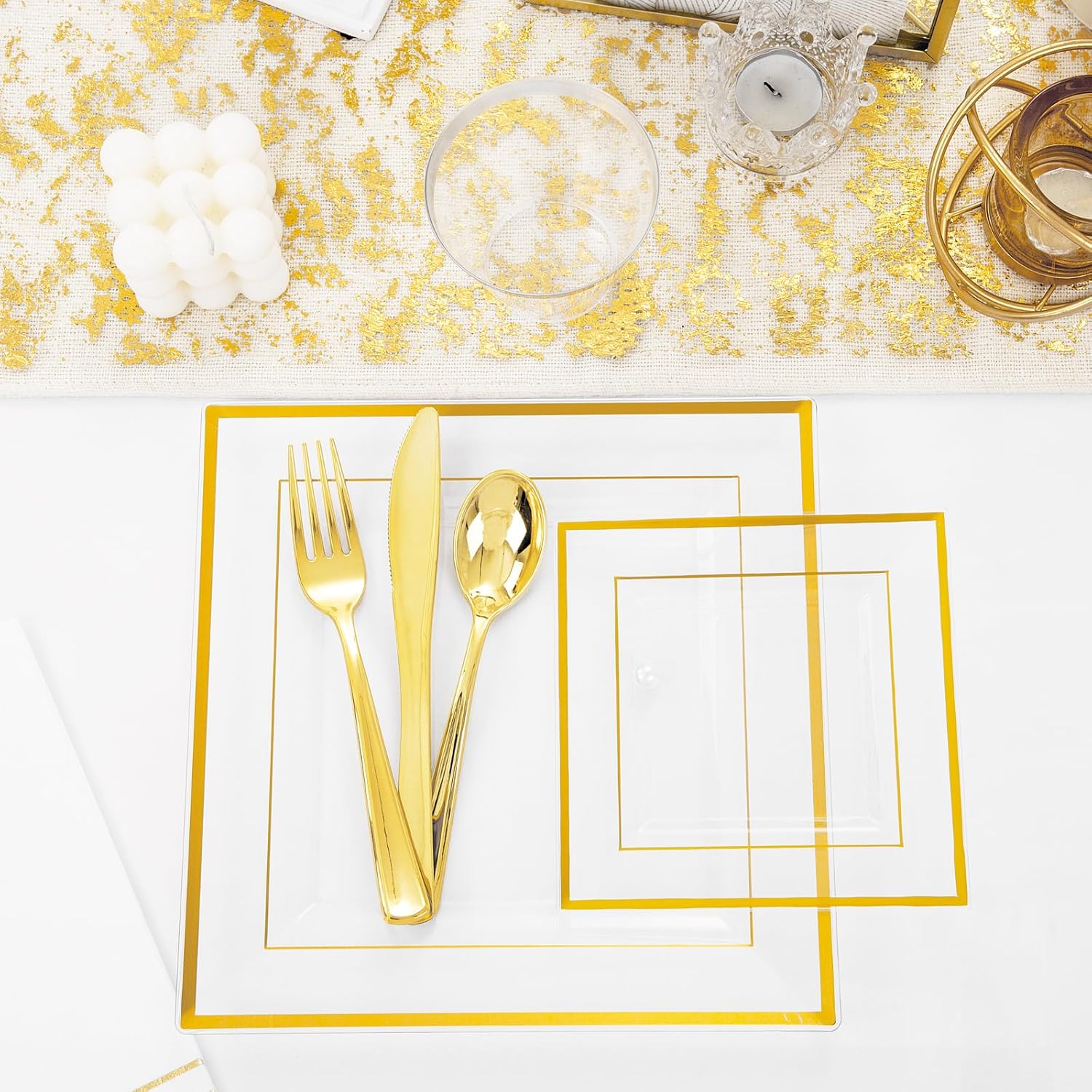 Festiva 350Pcs Silver Plates &350Pcs Clear Plastic Plates with Gold Trim