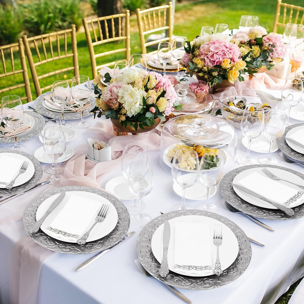 FoldTier 100 Set Antique Charger Plates with Napkins Set 13 Inch Plastic Round Chargers Bulk Embossed Rim Dinner Plates Elegant Guest Towels for Wedding Party Event Table Decoration Setting (Silver)
