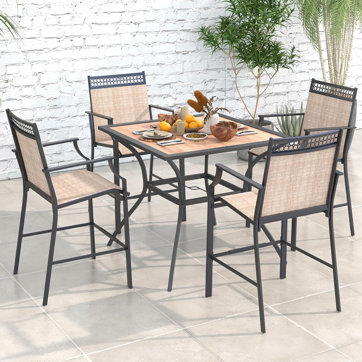 Tangkula Metal Square Patio Dining Table for 4, Heavy Duty Bistro Table with Adjustable Umbrella Hole & Wooden-Like Waterproof Tabletop, Outdoor Dinner Table for for Backyard, Deck, Lawn, Poolside