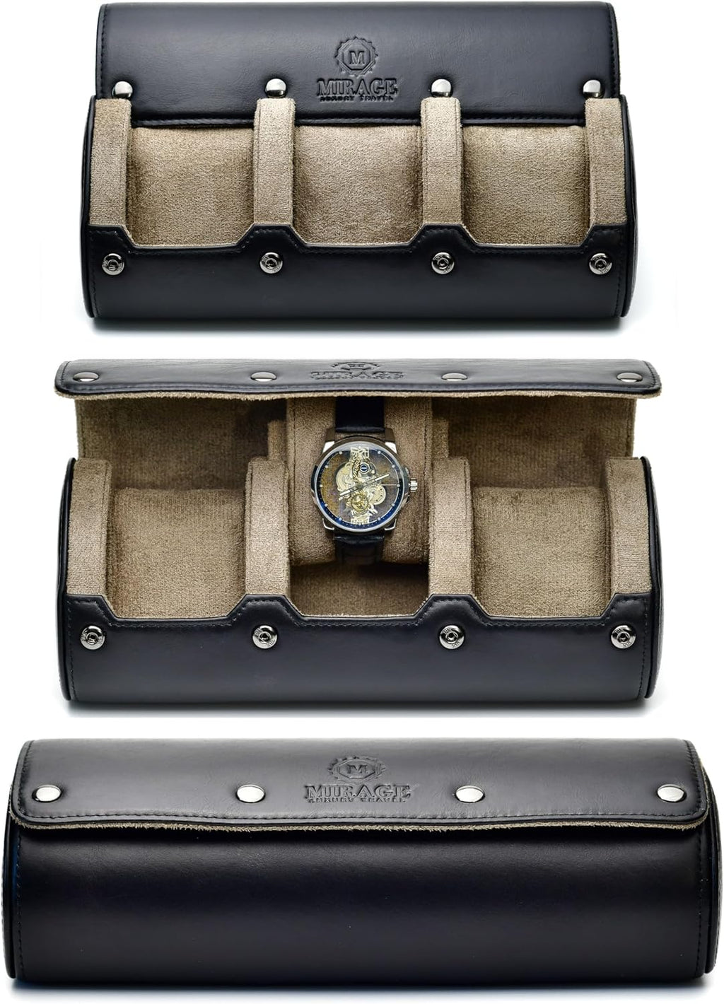 Watch Roll Travel Case Leather – 3 Slot Watch Holder Storage for Travel – Black Full Grain Cow Leather (Beige Interior)