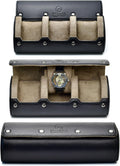 Watch Roll Travel Case Leather – 3 Slot Watch Holder Storage for Travel – Black Full Grain Cow Leather (Beige Interior)
