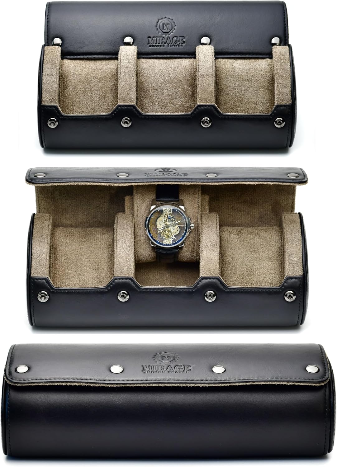 Watch Roll Travel Case Leather – 3 Slot Watch Holder Storage for Travel – Black Full Grain Cow Leather (Beige Interior)