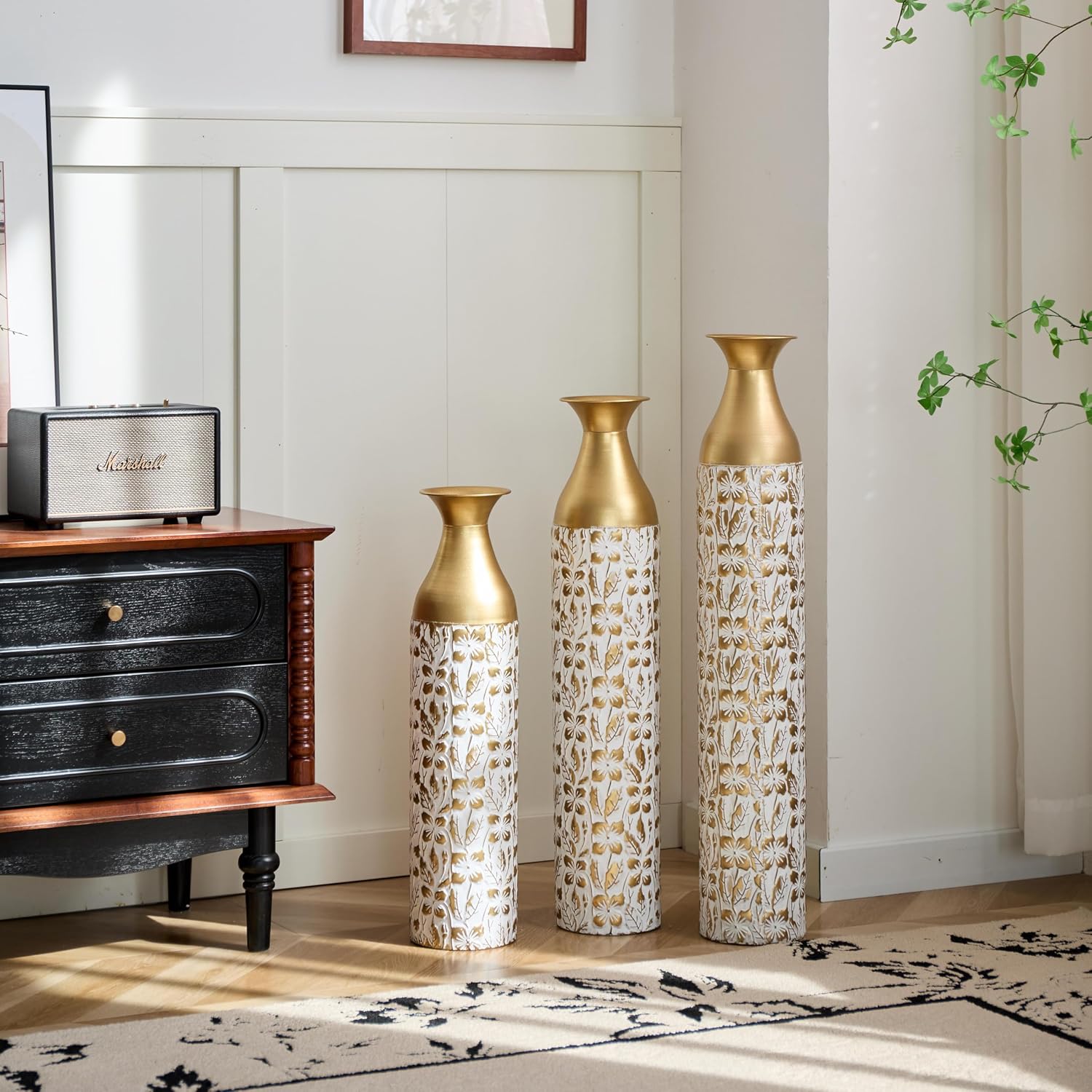 Gilded White 3D Relief Flower Metal Vase Set 24'. 29'. 32. 68 - Floor Vases for Living Room, Entryway & Office Decor, Rustproof Tall Standing Home Décor (Whit and Gold)
