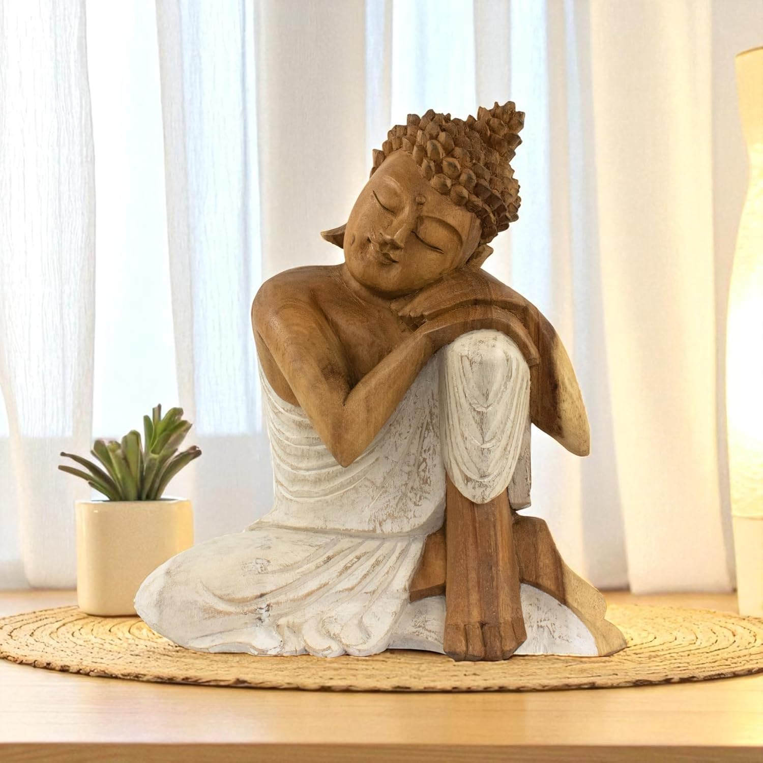 G6 Collection Wooden Serene Sleeping Buddha Statue Hand Carved Figurine Home Decor (16' Tall – Whitewashed)