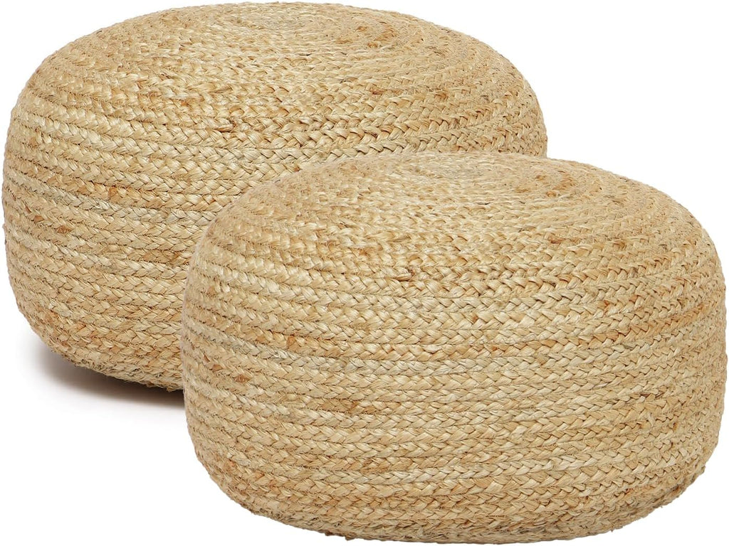 · REDEARTH · Jute Circular Low Pouf Ottoman - Braided Pouffe Accent Sitting Round Footrest for Living Room, Bedroom, Nursery, kidsroom, Patio, Gym; 100% Jute Set of 2 (18'X18'X10'; Natural)