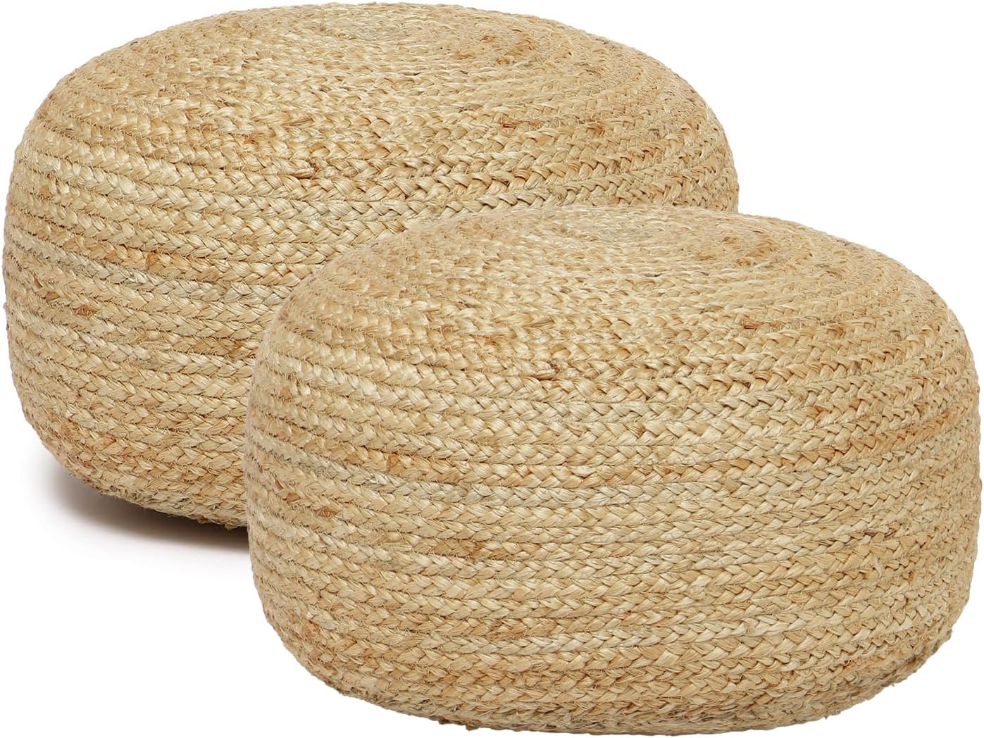 · REDEARTH · Jute Circular Low Pouf Ottoman - Braided Pouffe Accent Sitting Round Footrest for Living Room, Bedroom, Nursery, kidsroom, Patio, Gym; 100% Jute Set of 2 (18'X18'X10'; Natural)