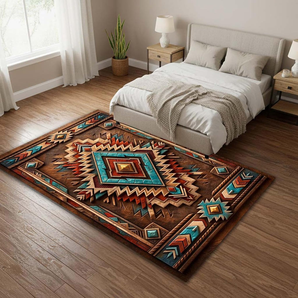 Southwestern Aztec Area Rug 5'x8' Brown Turquoise Rust Western Carpet, 3D Tribal Ranch Farmhouse Design, Non Slip Washable Low Pile Rug for Living Room Bedroom