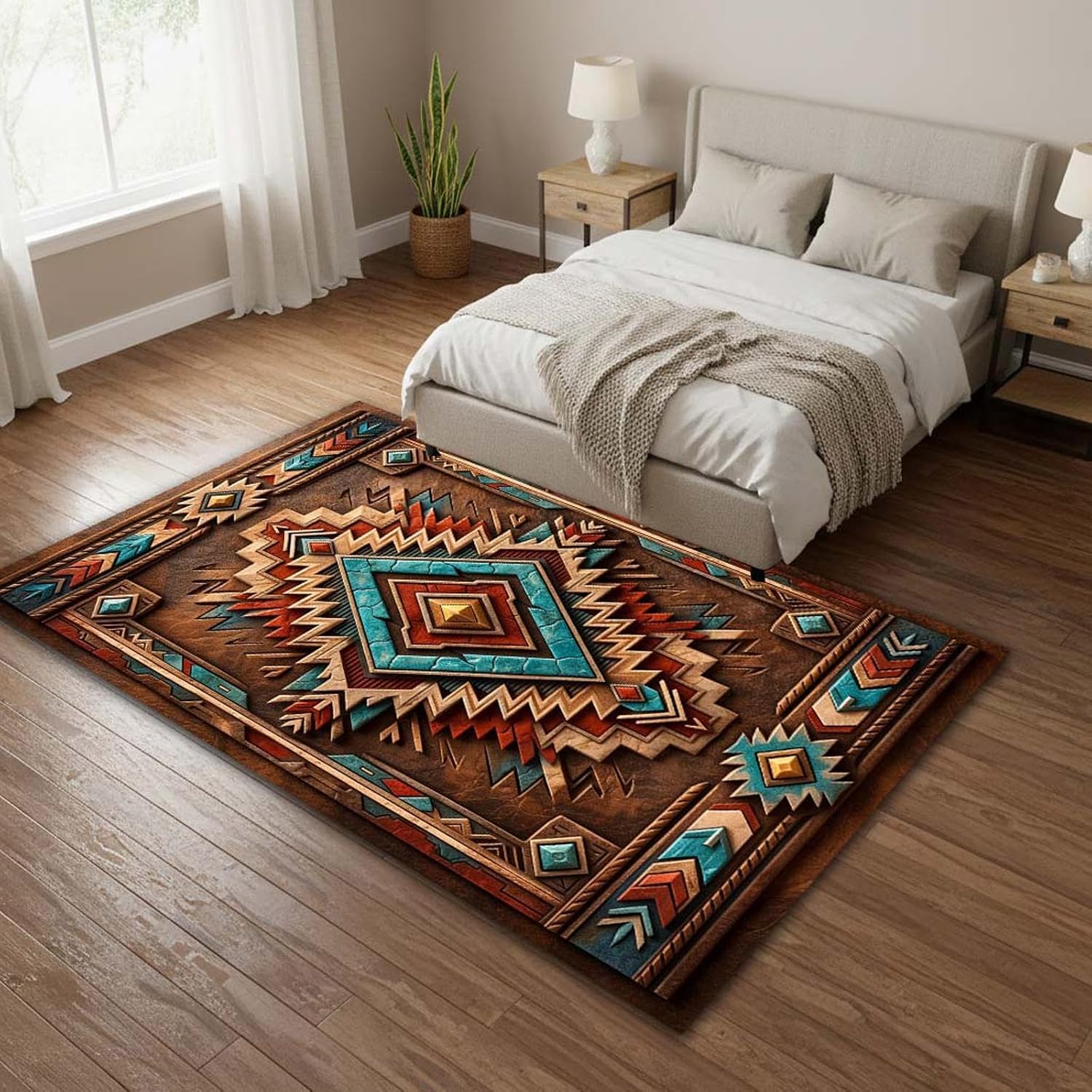 Southwestern Aztec Area Rug 5'x8' Brown Turquoise Rust Western Carpet, 3D Tribal Ranch Farmhouse Design, Non Slip Washable Low Pile Rug for Living Room Bedroom