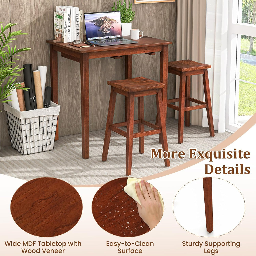 Giantex Bar Table and Chairs Set - 3-Piece Counter Height Dining Table Set with Hangable Bar Stools, Wood Veneered Tabletop, Rubber Wood Legs, Space Saving Dinette Set, Breakfast Nook Table Set, Brown