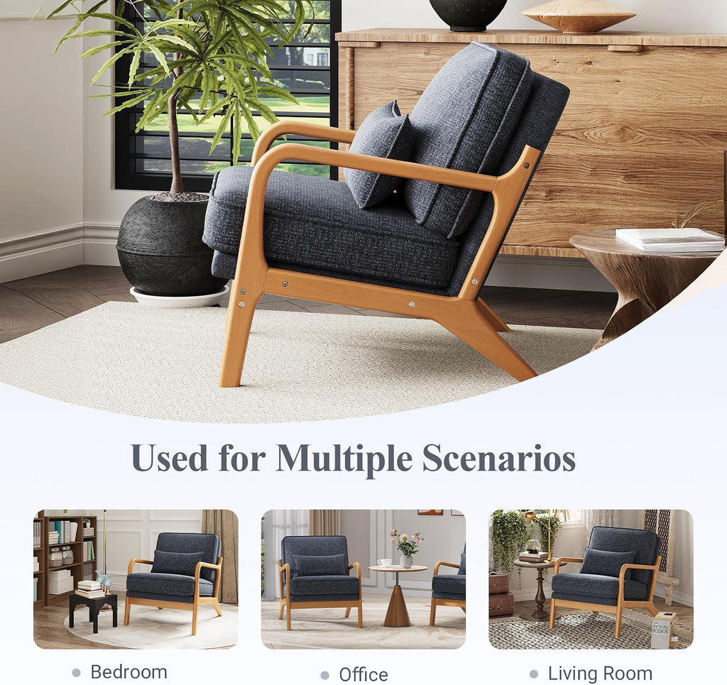 MALOL Accent Chair Set of 2 with Solid Wood Frame, Mid-Century Relaxing Armchair Lumbar Pillow& Soft Cushion, Reading Leisure Chair for Living Room, Bedroom, Waiting Room-Blue