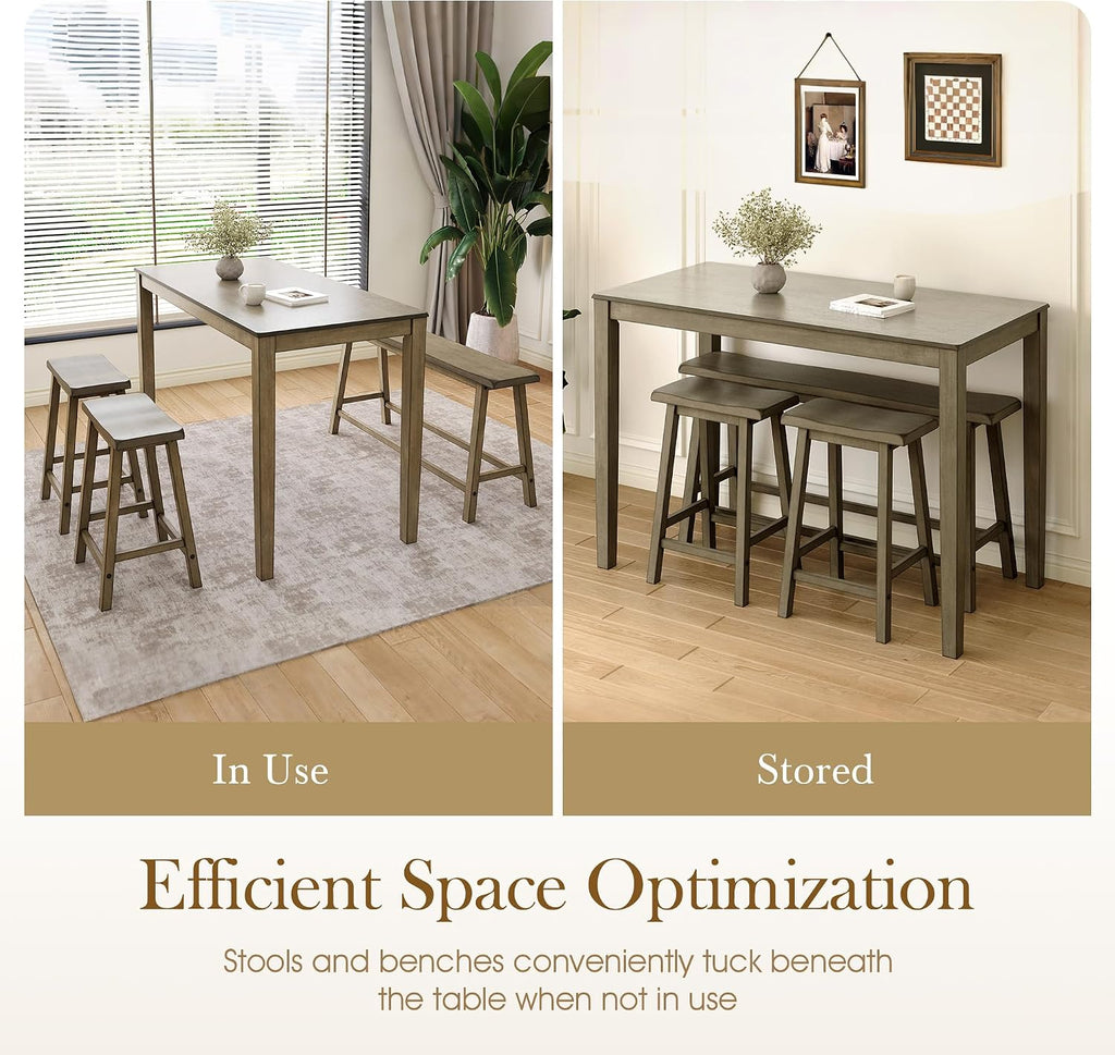 Sophia & William Dining Table Set for 4, Counter Height Table and Chairs, Kitchen Table Set with Bench and 2 Chairs, Small Breakfast Bar Dining Set, Smoky Brown