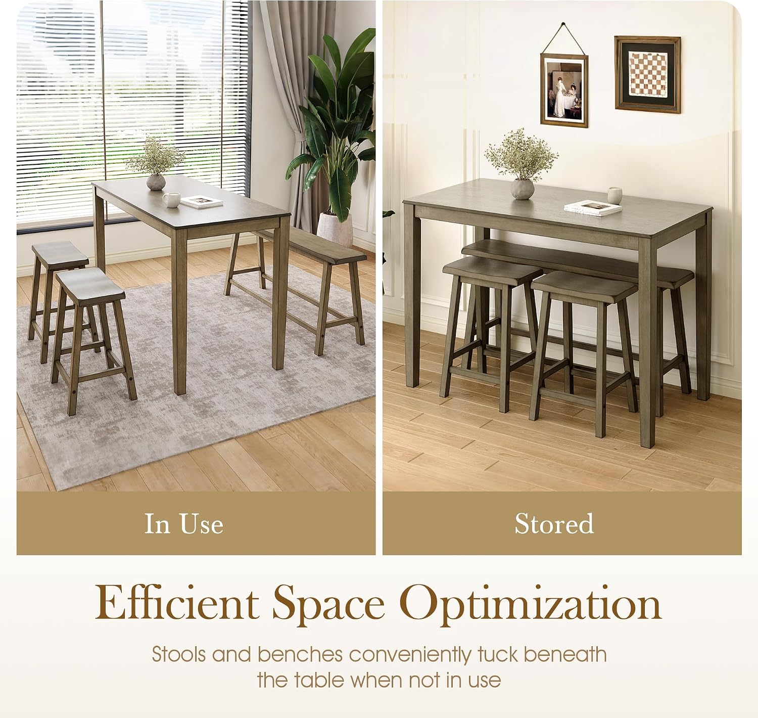 Sophia & William Dining Table Set for 4, Counter Height Table and Chairs, Kitchen Table Set with Bench and 2 Chairs, Small Breakfast Bar Dining Set, Smoky Brown