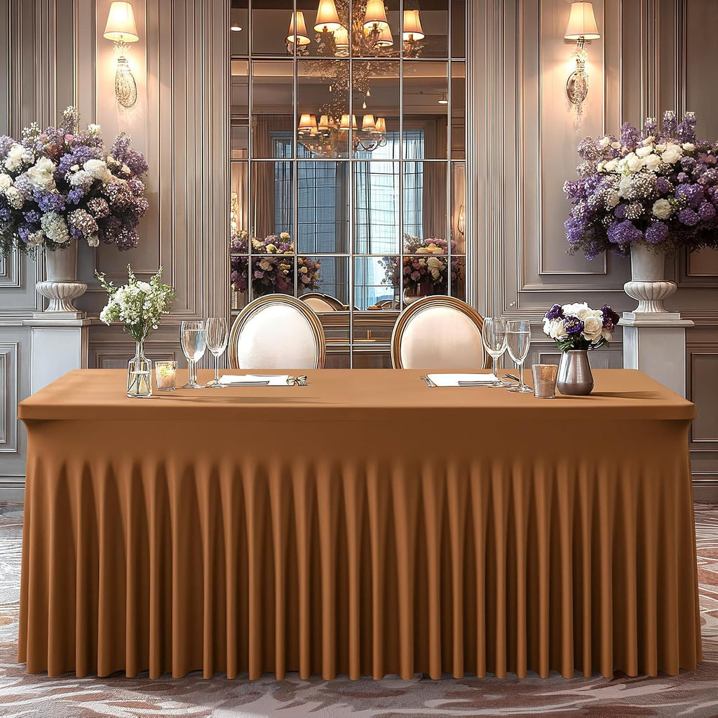 Wish Care 6 Pack Brown Spandex Table Clothes for 8 Foot Rectangle Tables, 8FT Wrinkle Free Fitted Tablecloths Ruffles Design Table Cover for Party, Banquet, Wedding and Events