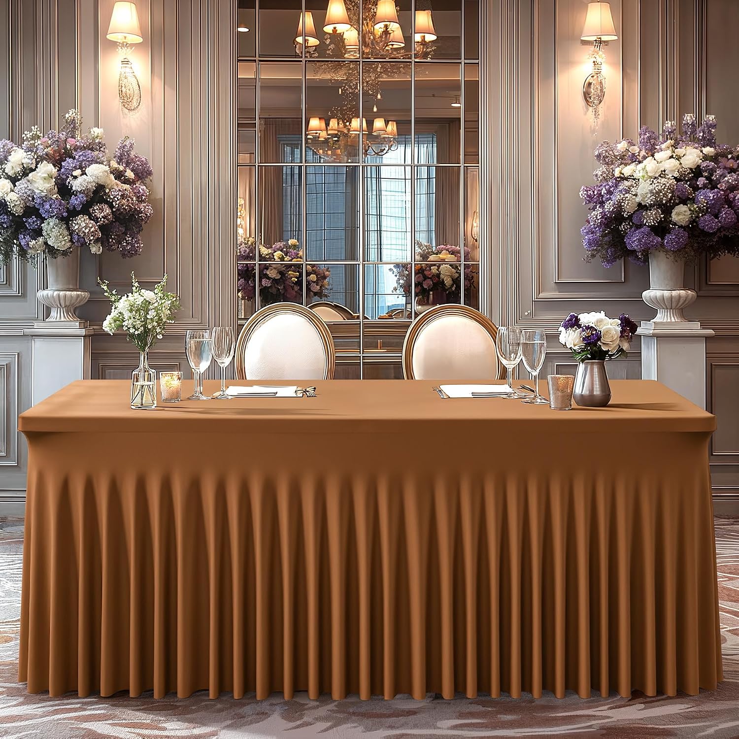 Wish Care 6 Pack Brown Spandex Table Clothes for 8 Foot Rectangle Tables, 8FT Wrinkle Free Fitted Tablecloths Ruffles Design Table Cover for Party, Banquet, Wedding and Events