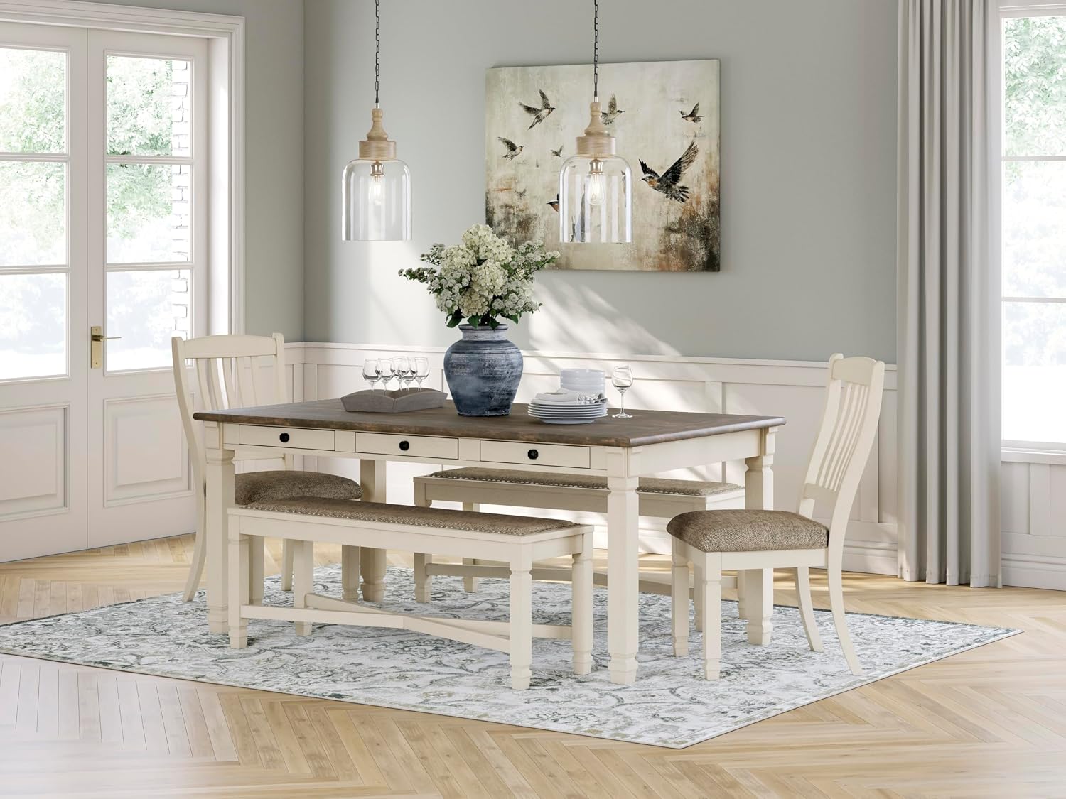 Signature Design by Ashley Bolanburg Dining Table, 2-Tone Farmhouse Style With 6 Built-In Storage Drawers, Wood & Engineered Wood Construction, Seats Up To 6, White/Brown