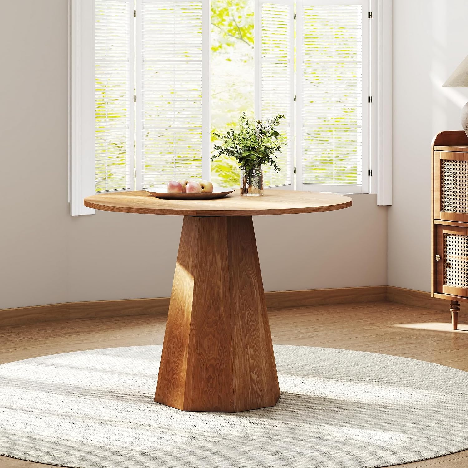 BESTANO 39' Round Solid Wood Dining Table for 4-5 People, Modern Pedestal Dining Kitchen Table, Farmhouse Small Wood Dining Table for Kitchen Easy Assemble, Saving Space, Brown