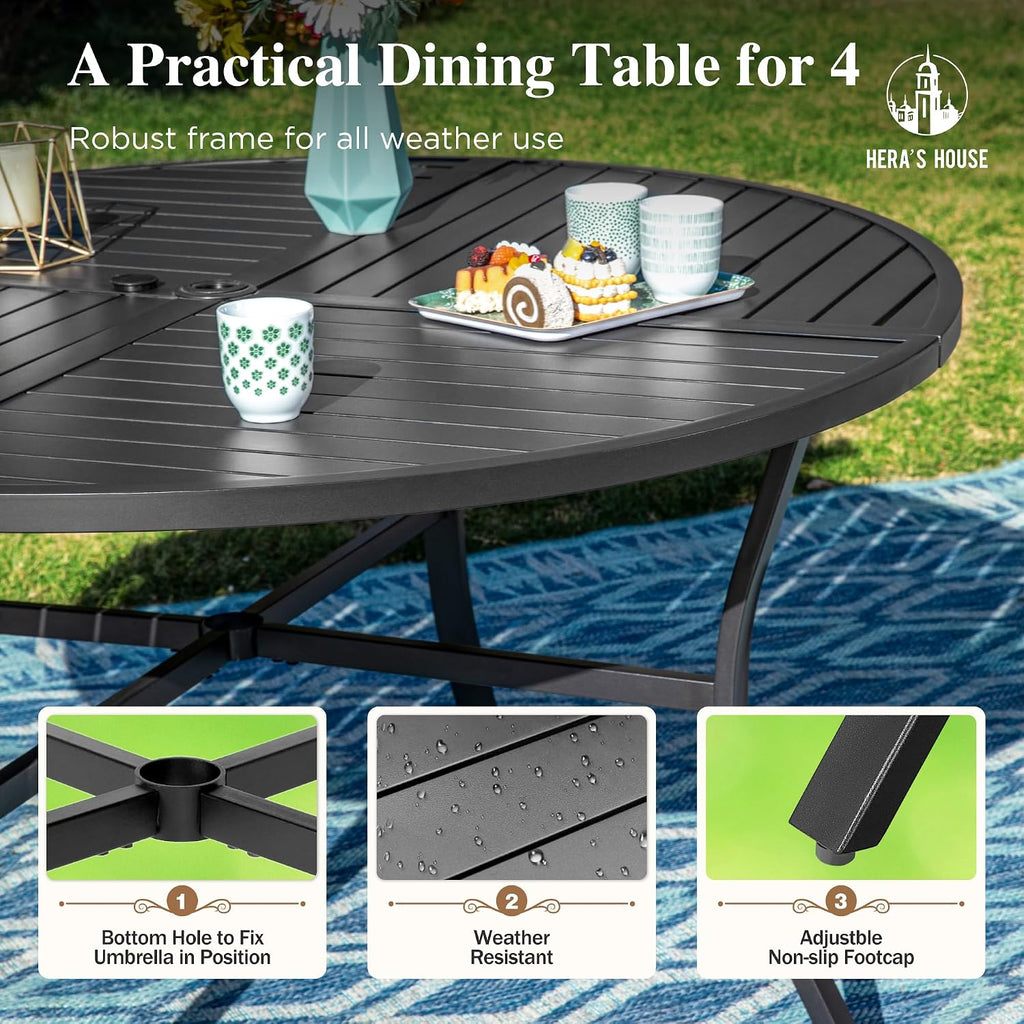 HERA'S HOUSE 5 Pieces Patio Table and Chairs Set, Outdoor Dining Furniture for 4, 42' Black Metal Round Dining Table with Umbrella Hole, 4 x Blue Textilene Chairs for Lawn Garden Backyard Deck