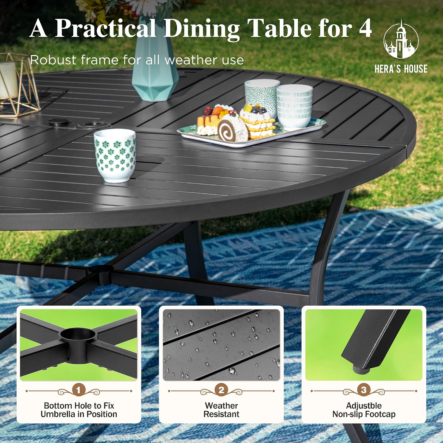 HERA'S HOUSE 5 Pieces Patio Table and Chairs Set, Outdoor Dining Furniture for 4, 42' Black Metal Round Dining Table with Umbrella Hole, 4 x Blue Textilene Chairs for Lawn Garden Backyard Deck