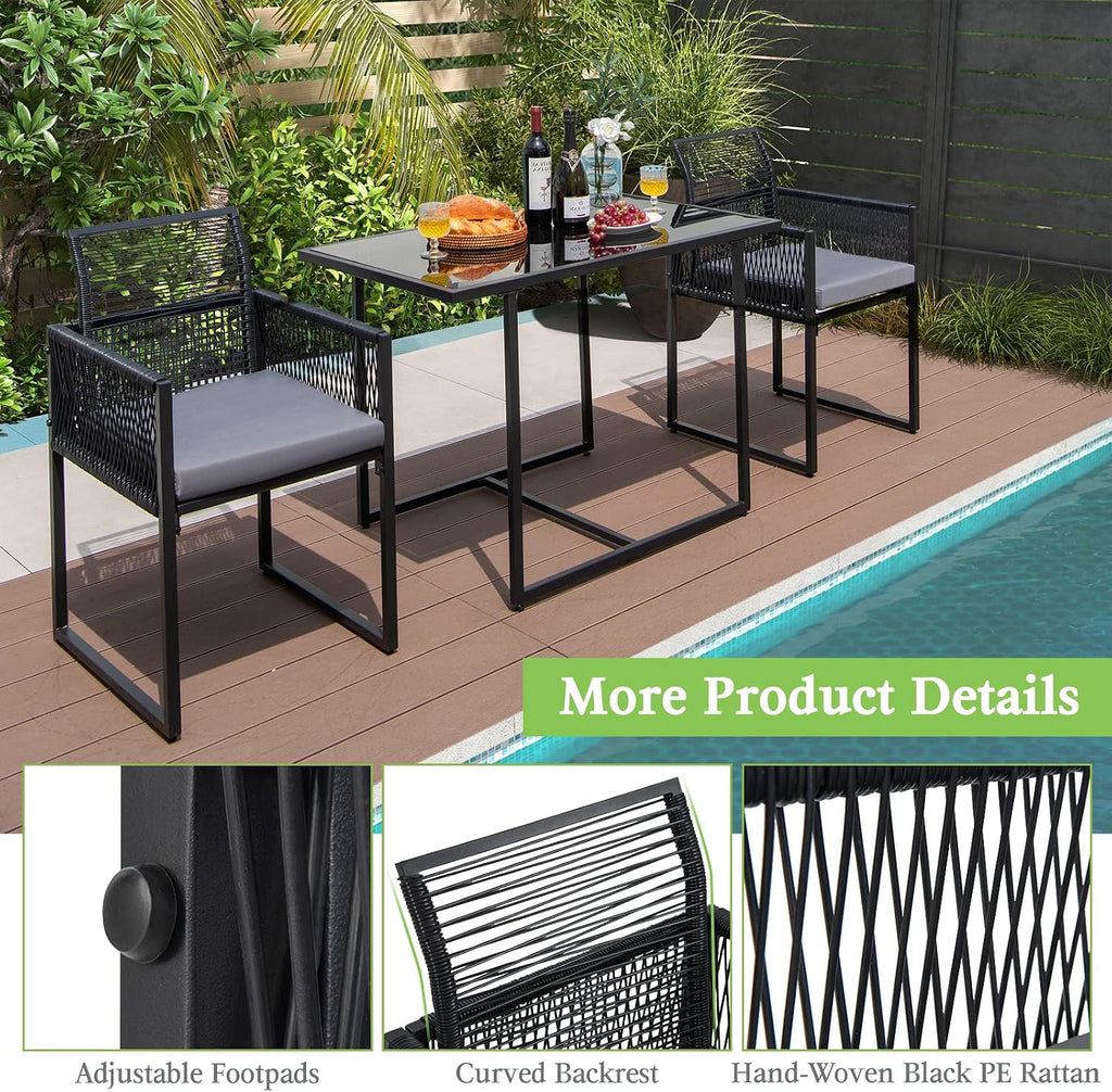 Tangkula 3 Pieces Outdoor Dining Set, Patio PE Rattan Furniture Set with Folding Backrest, Cozy Seat Cushions, Tempered Glass Tabletop, Space-Saving Rattan Chair Table Set for Backyard, Poolside