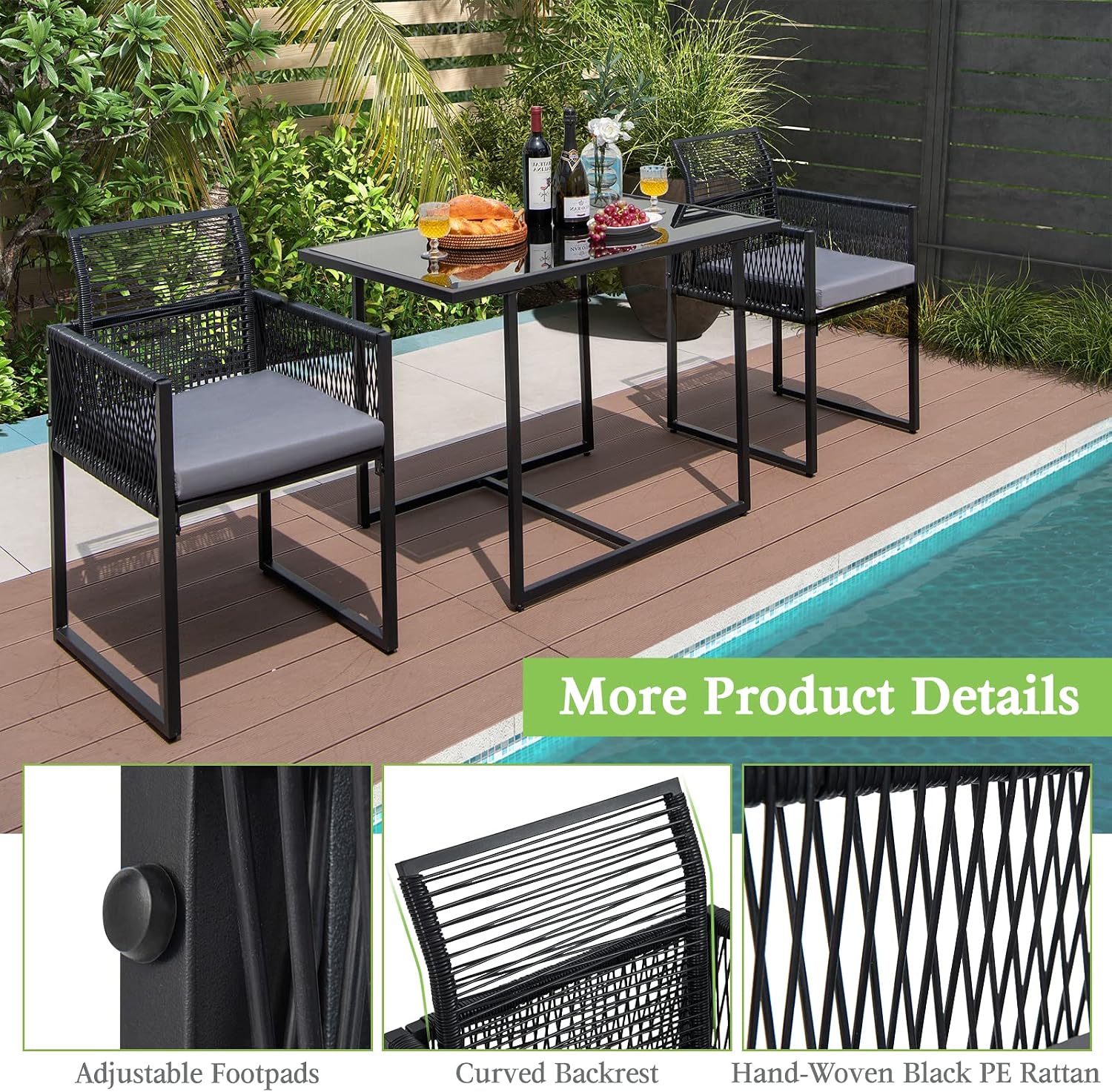 Tangkula 3 Pieces Outdoor Dining Set, Patio PE Rattan Furniture Set with Folding Backrest, Cozy Seat Cushions, Tempered Glass Tabletop, Space-Saving Rattan Chair Table Set for Backyard, Poolside
