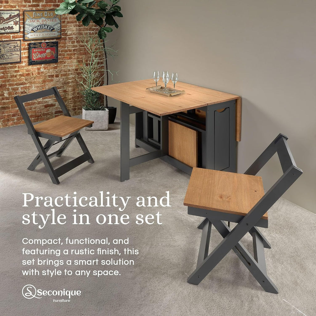 SECONIQUE Santos Butterfly Folding Dining Table Set with 4 Chairs – Space-Saving Table with Nesting Chairs and Storage Shelf – Dark Gray & Distressed Pine Finish