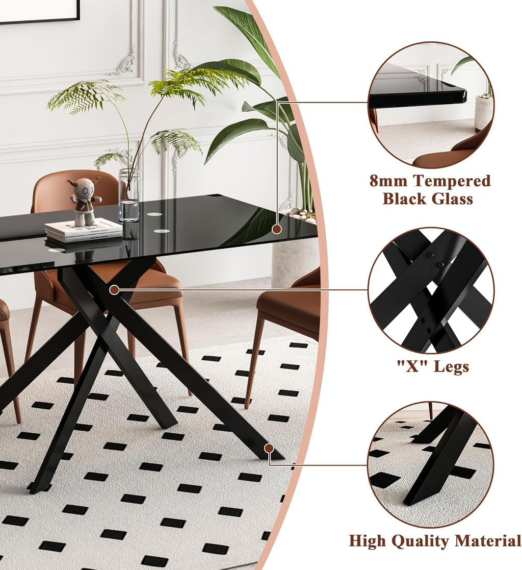 51.18' Rectangular Glass Dining Table, Tempered Glass Kitchen Tabe with Metal Legs, Stylish and Sturdy Dinner Table for Home and Outdoor Dining (Full Black, 51.18'')