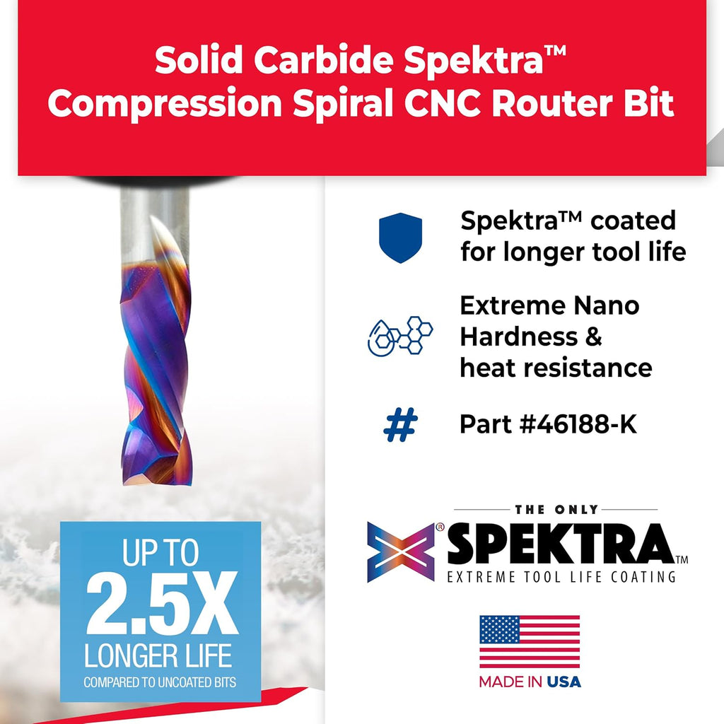 Amana Tool Spektra Extreme Tool Life Solid Carbide CNC Compression Spiral Router Bit, 46188-K, 1/2 D x 1-1/4 CH x 1/2 Shank x 3 Inch Long 2 Flute