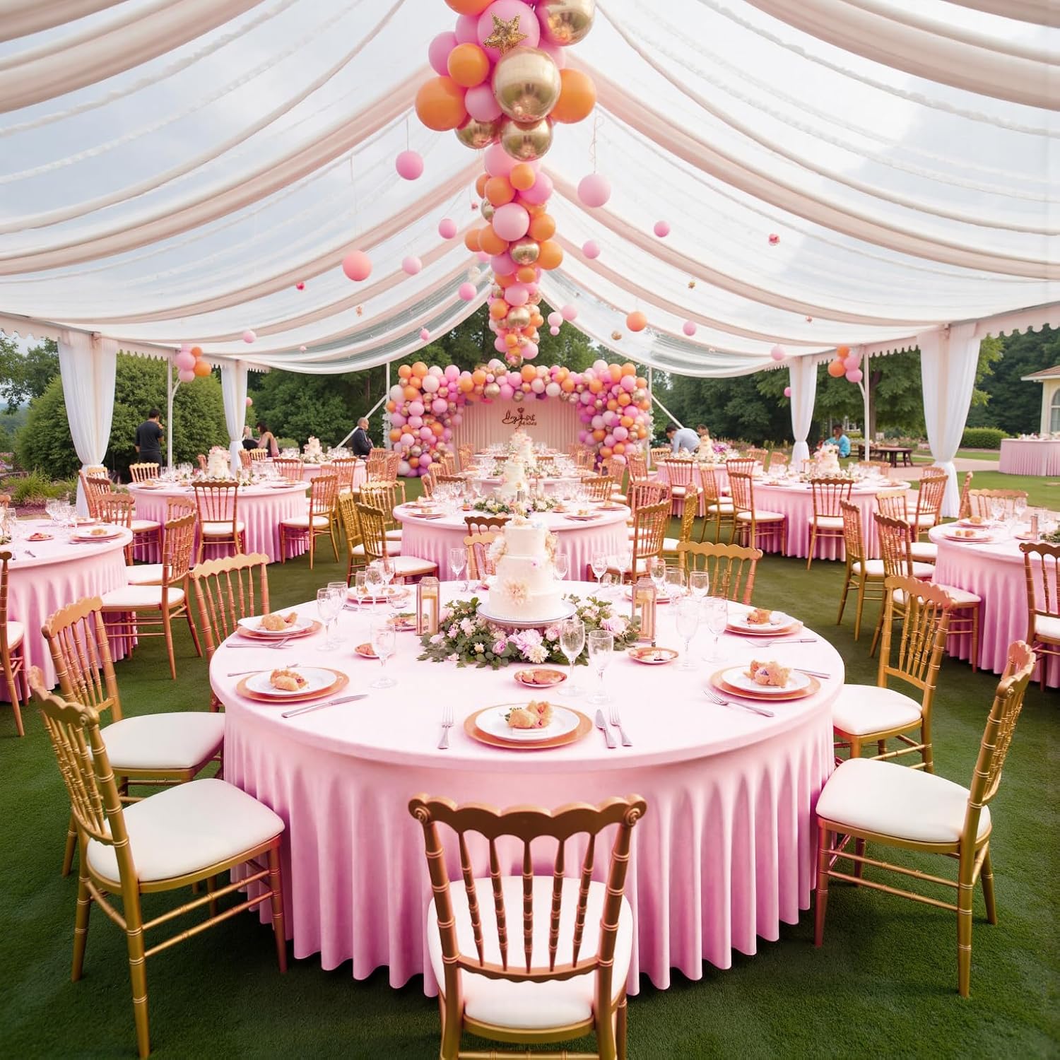 Outpain 8 Pack Pink 72inch Spandex Round Tablecloths, Stretchy 132inch Fitted 6FT Round Table Cloths, Wrinkle Free Table Cover with Skirt for Wedding Party Dining Banquet