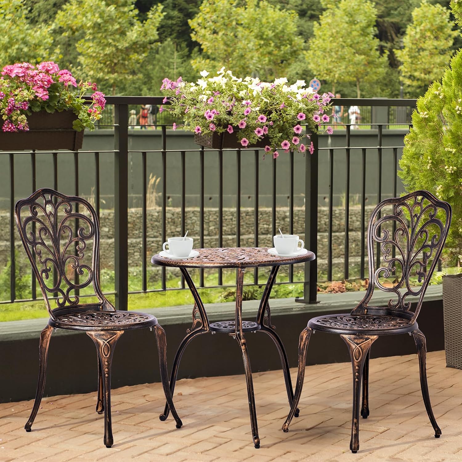 VINGLI 3 PCS Outdoor Bistro Set, Outdoor Patio Set, All-Weather Cast Aluminum Bistro Table Set, Bistro Table and Chairs Set of 2 for Backyard, Garden, Balcony (Bronze, Butterfly)