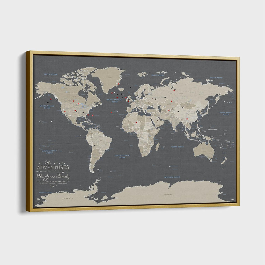 Earth Tone World Map with Pins – Personalized Canvas Push Pin Map – Framed World Travel Wall Decor – Gold Float Frame – 24' x 36'