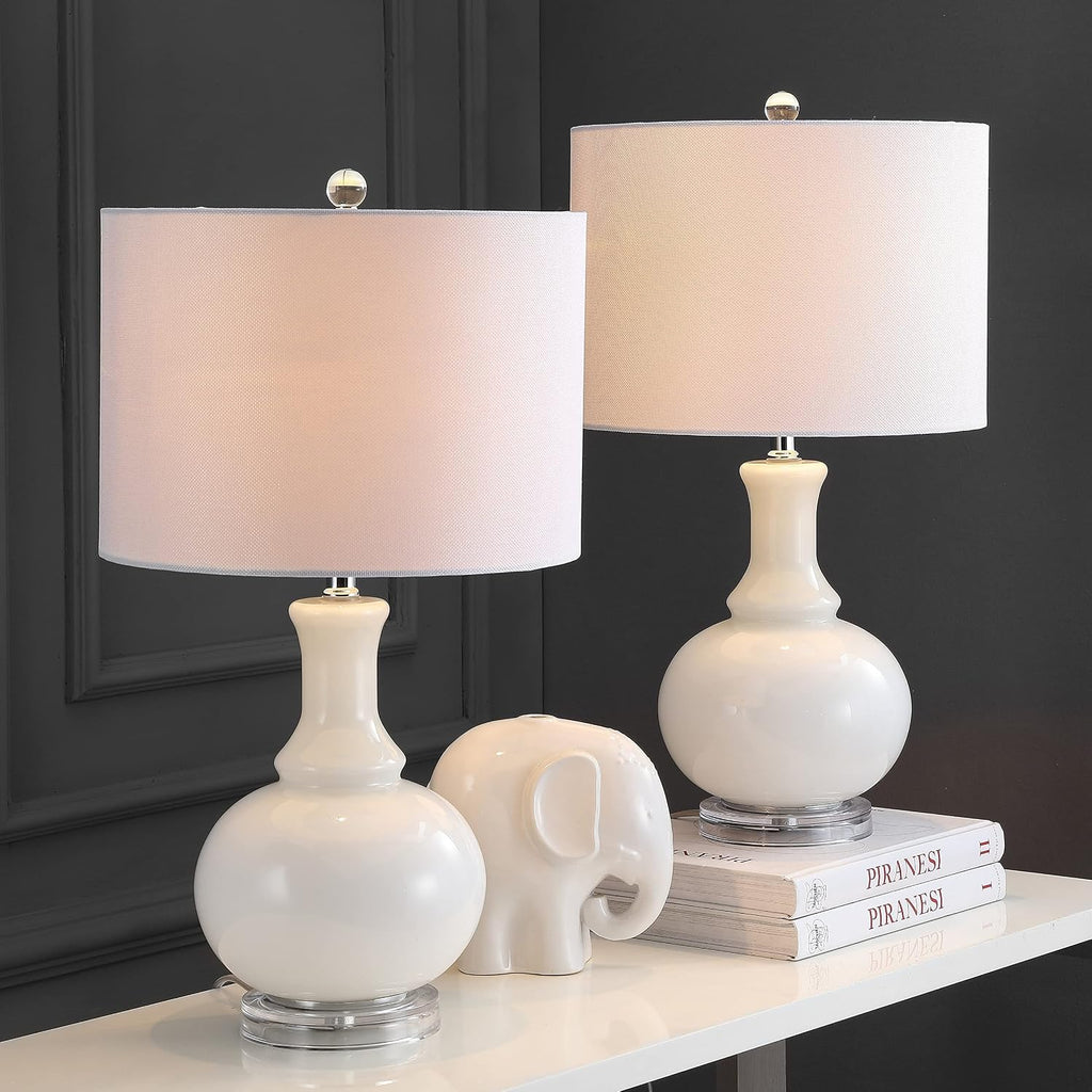 SAFAVIEH Lighting Collection Franny Modern Contemporary White Glass 28-inch Bedroom Living Room Home Office Desk Nightstand Table Lamp Set of 2 (LED Bulbs Included)