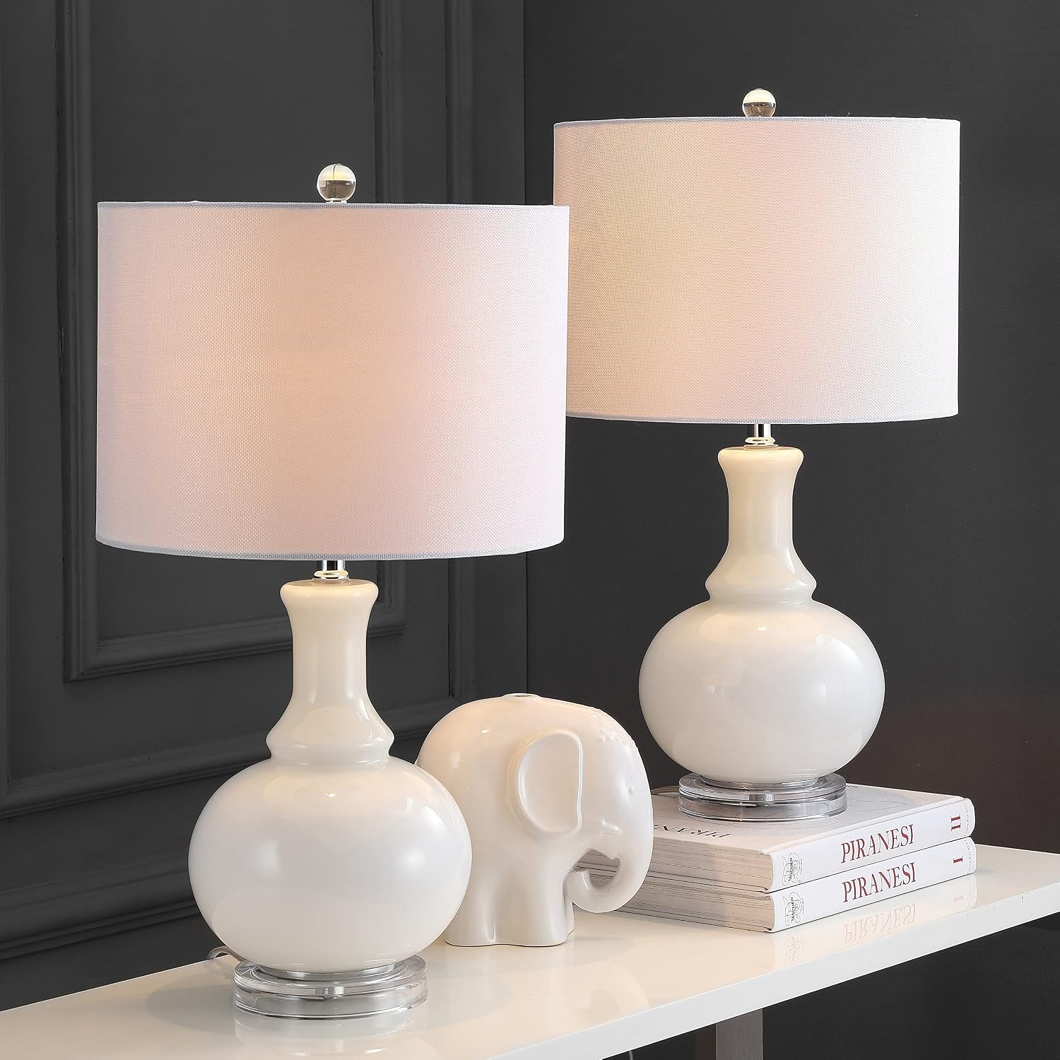 SAFAVIEH Lighting Collection Franny Modern Contemporary White Glass 28-inch Bedroom Living Room Home Office Desk Nightstand Table Lamp Set of 2 (LED Bulbs Included)
