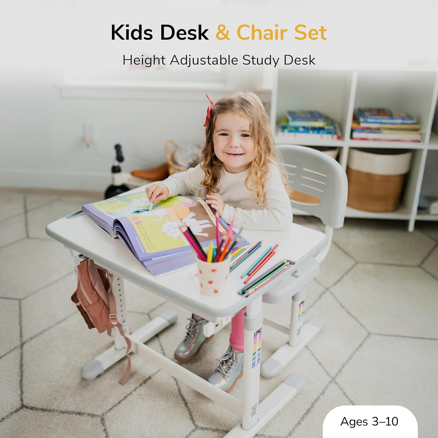 Mount-It! Kids Desk and Chair Set Height Adjustable up to 30' Ergonomic for School - Table and Chairs for Student 26' x 18' Tabletop with Pencil Drawer, 3-10 Age Children, Grey
